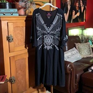 Johnny Was Dress in Embroidered Navy Jersey